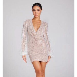 NWT Nadine Merabi Maya Beaded Long Sleeve Mini Dress XL/12